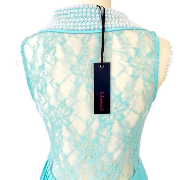 New LULUMARI Dress Women's Size M Lace Sleeveless Faux Pearl Detail Chiffon - Picture 4 of 5